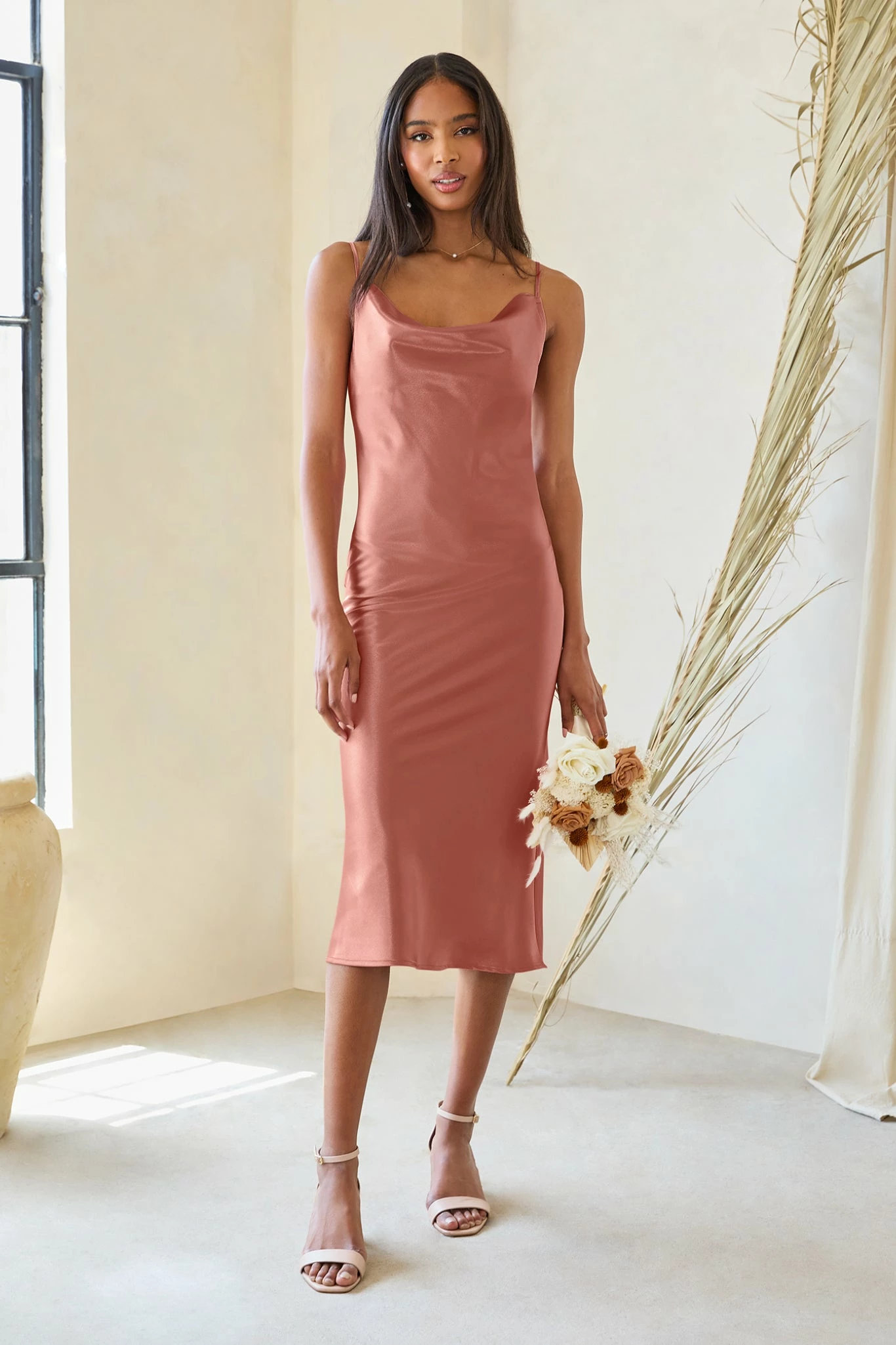 Lisa Shiny Satin Midi Dress - Desert Rose 2 Lisa Shiny Satin Midi Dress - Desert Rose - Image 2