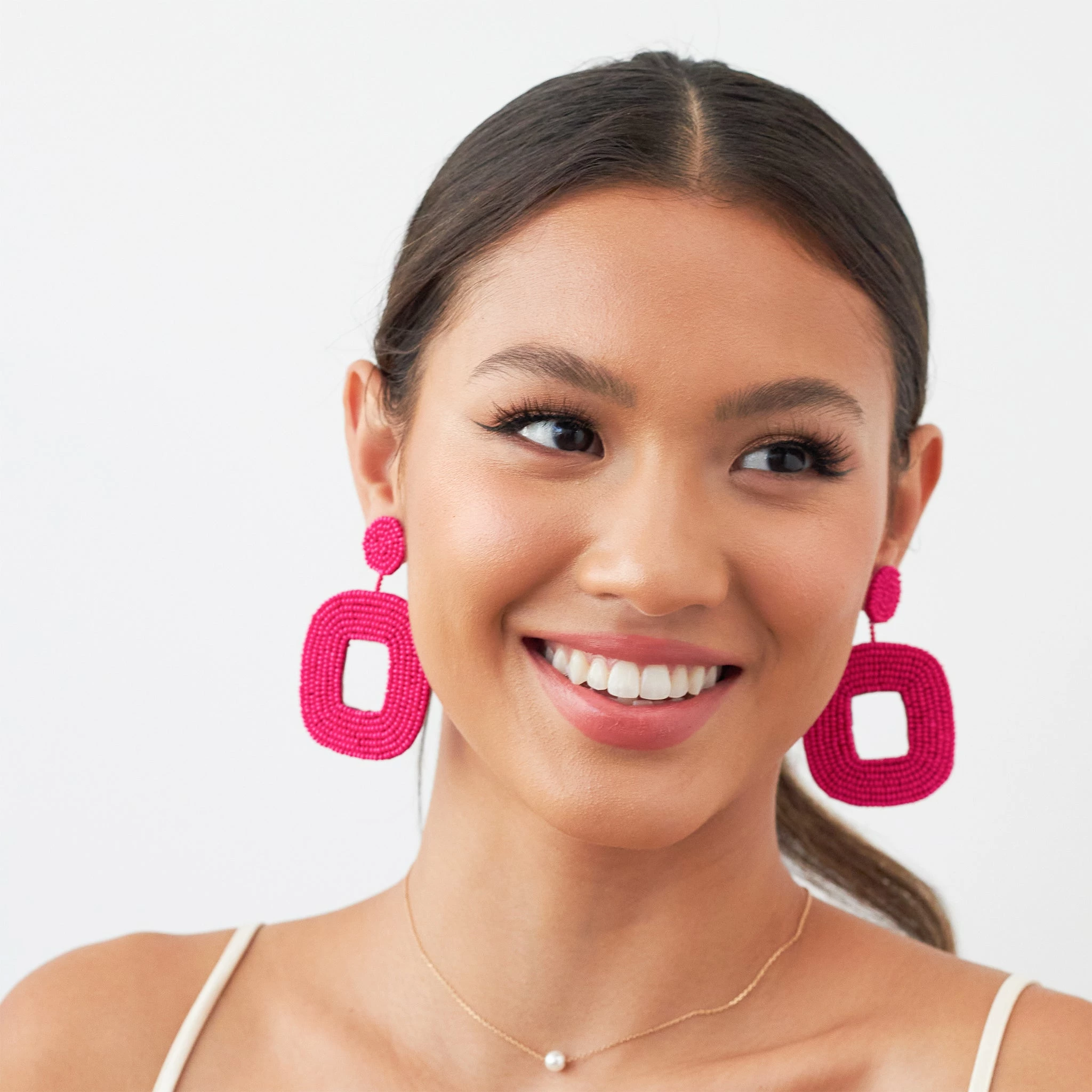 Beaded Drop Earrings - Pink 1 Beaded Drop Earrings - Pink