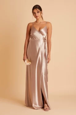 Cindy Shiny Satin Dress - Taupe
