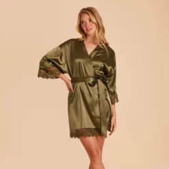 Claudine Lace Robe - Olive -US Skirt Sales 2024 BIRDY GREY CLAUDINE SATIN LACE BRIDESMAID ROBE OLIVE 02