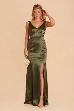 Gloria Shiny Satin Dress - Olive -US Skirt Sales 2024 BIRDY GREY GLORIA SATIN BRIDESMAID DRESS OLIVE 02