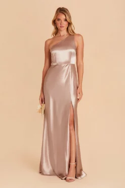 Kira Shiny Satin Dress - Taupe