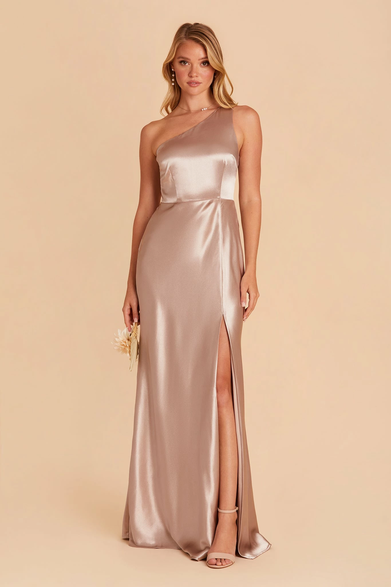 Kira Shiny Satin Dress - Taupe 1 Kira Shiny Satin Dress - Taupe