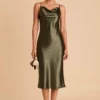 Lisa Shiny Satin Midi Dress - Olive