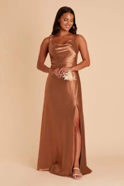 Lisa Long Shiny Satin Dress - Rust