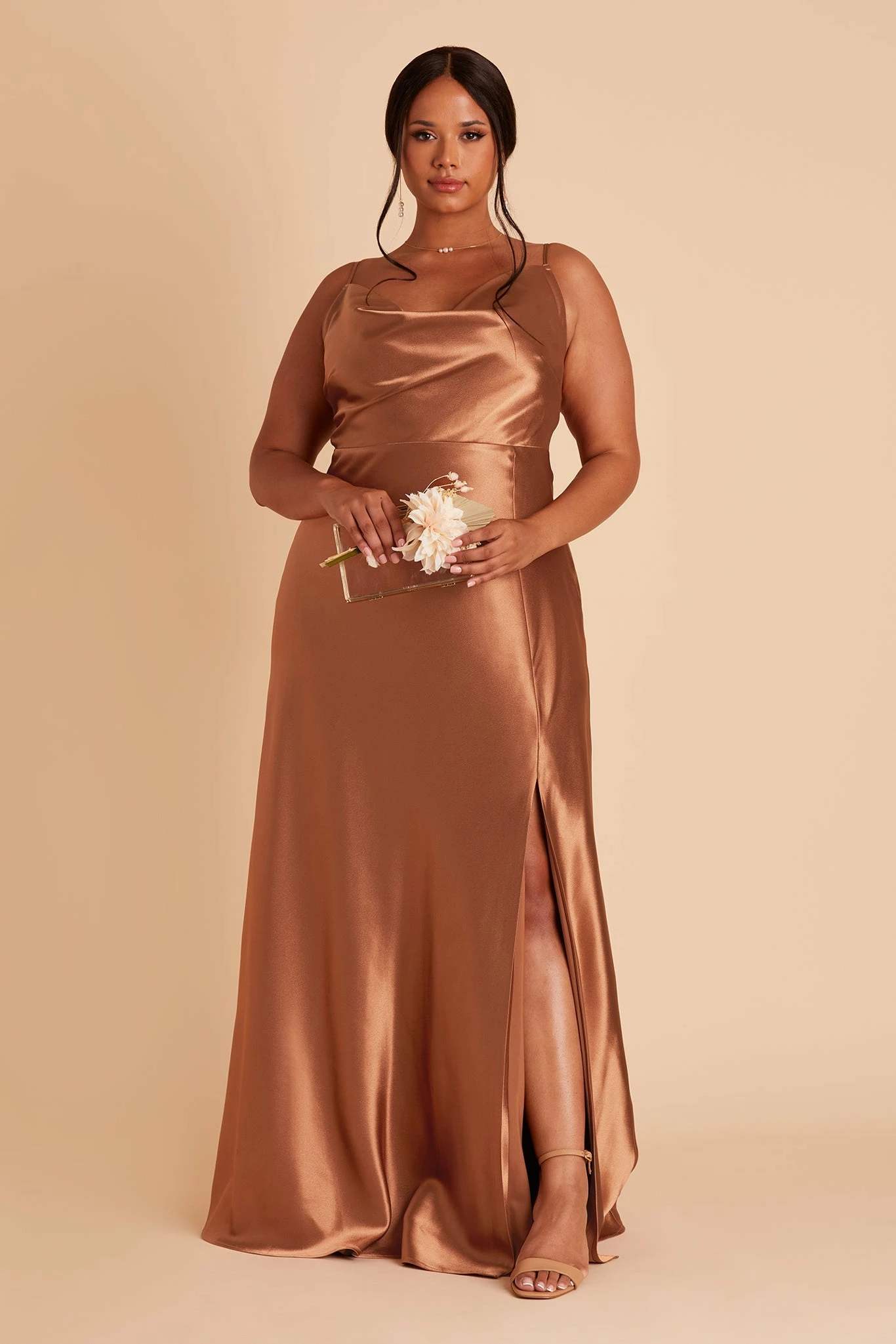 Lisa Long Shiny Satin Dress - Rust 2 Lisa Long Shiny Satin Dress - Rust - Image 2