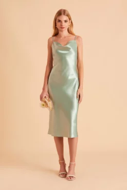 Lisa Shiny Satin Midi Dress - Sage