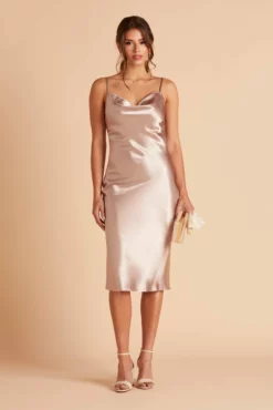 Lisa Shiny Satin Midi Dress - Taupe
