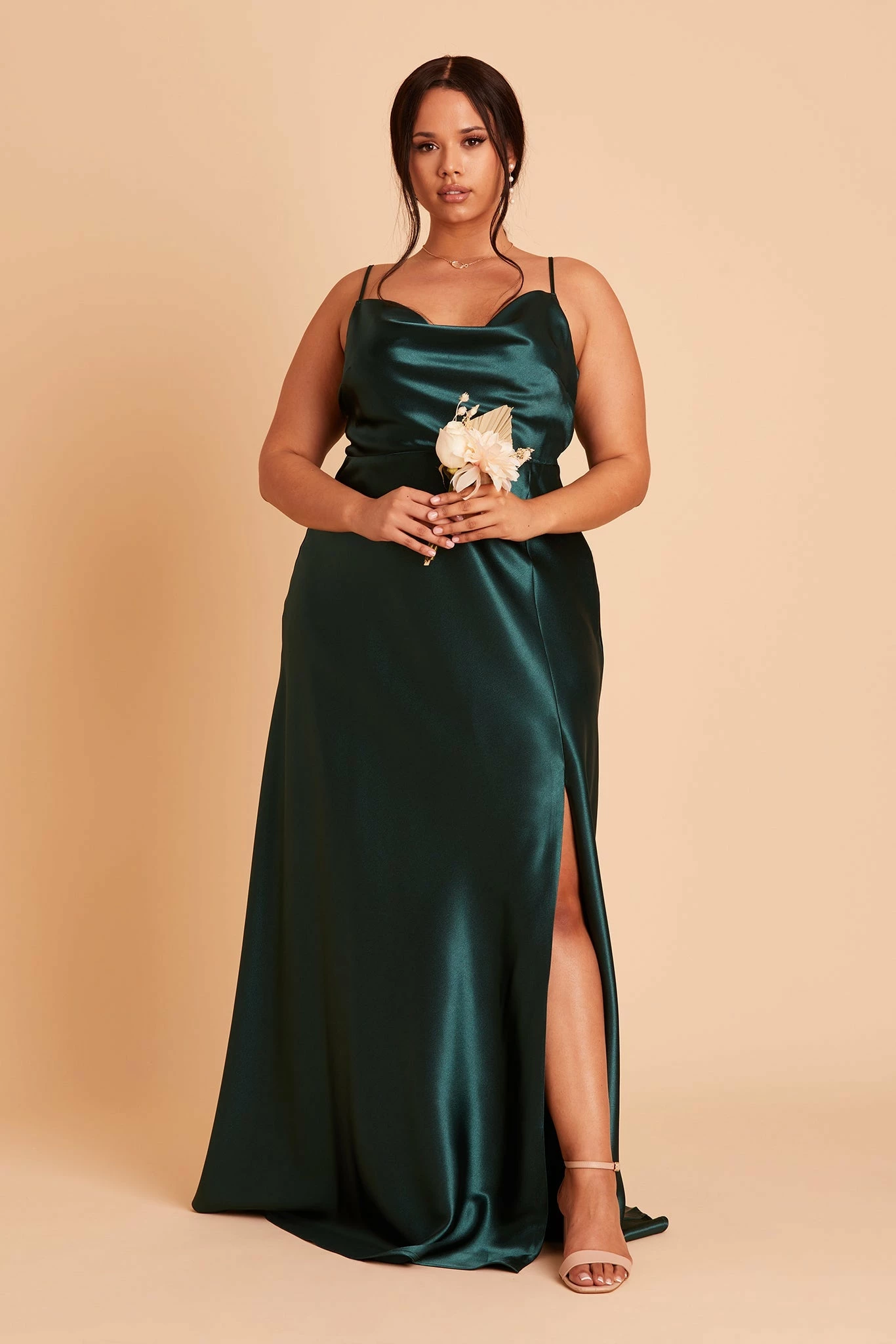 Lisa Long Shiny Satin Dress - Emerald - Image 3