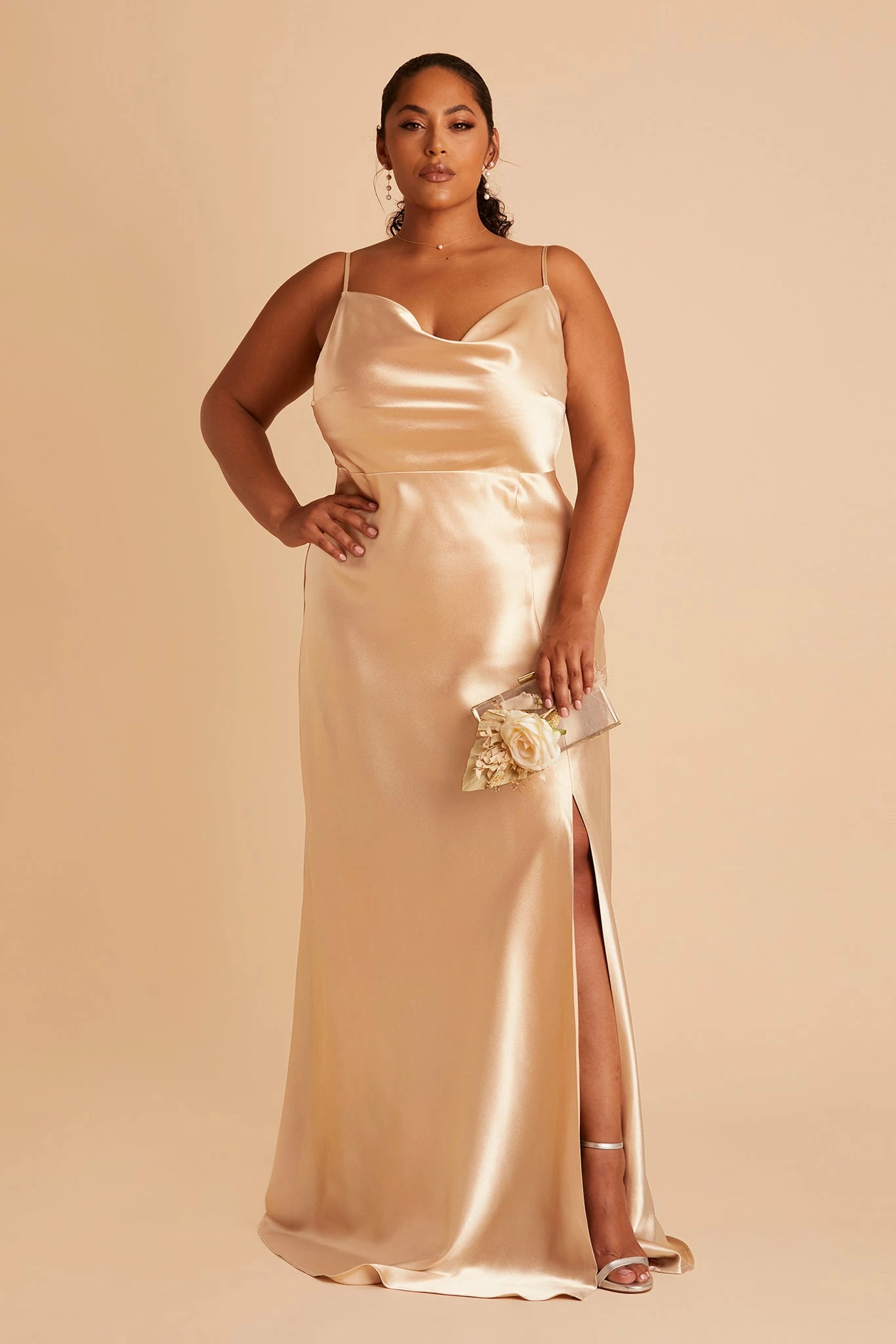 Lisa Long Shiny Satin Dress - Gold - Image 9