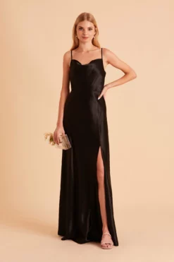 Lisa Long Shiny Satin Dress - Black -US Skirt Sales 2024 BIRDY GREY LISA SLIT BRIDESMAID DRESS BLACK 02