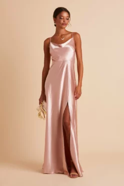 Lisa Long Shiny Satin Dress - Rose Gold -US Skirt Sales 2024 BIRDY GREY LISA SLIT BRIDESMAID DRESS ROSE GOLD 03