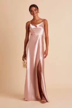 Lisa Long Shiny Satin Dress - Rose Gold -US Skirt Sales 2024 BIRDY GREY LISA SLIT BRIDESMAID DRESS ROSE GOLD 04