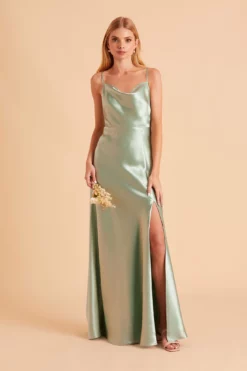 Lisa Long Shiny Satin Dress - Sage 16 Lisa Long Shiny Satin Dress - Sage -US Skirt Sales 2024 BIRDY GREY LISA SLIT BRIDESMAID DRESS SAGE 01