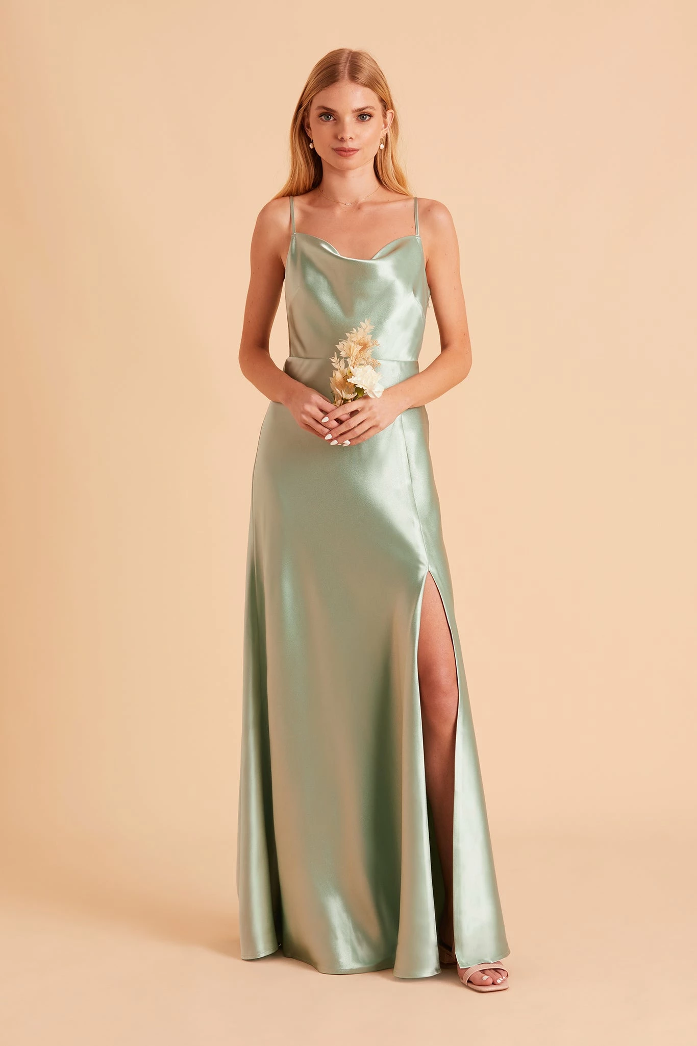 Lisa Long Shiny Satin Dress - Sage 7 Lisa Long Shiny Satin Dress - Sage - Image 7