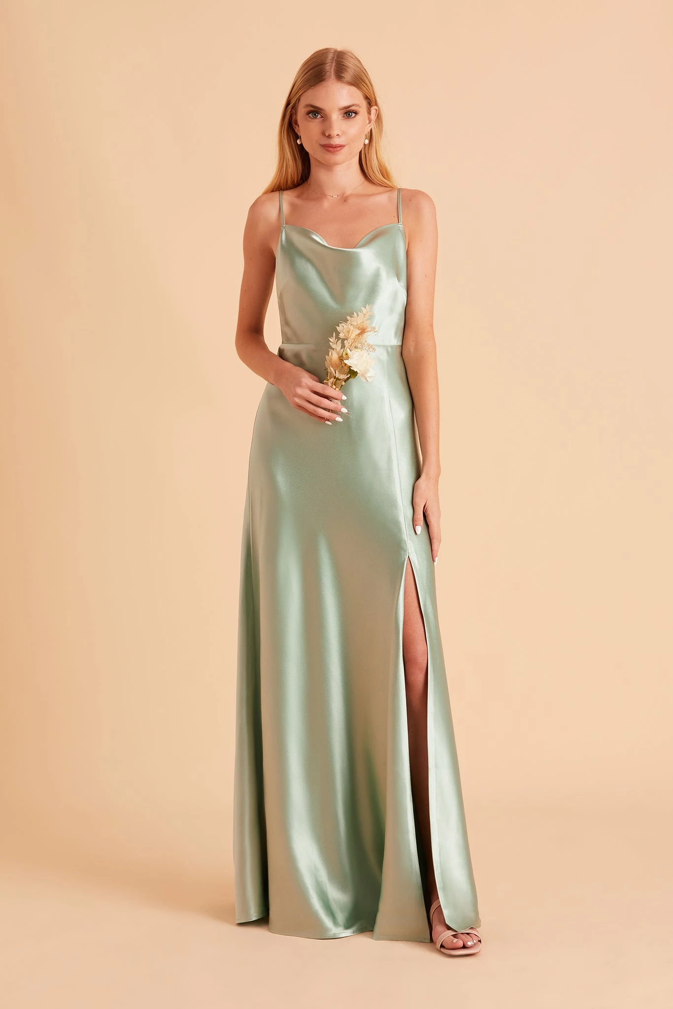 Lisa Long Shiny Satin Dress - Sage 2 Lisa Long Shiny Satin Dress - Sage - Image 2