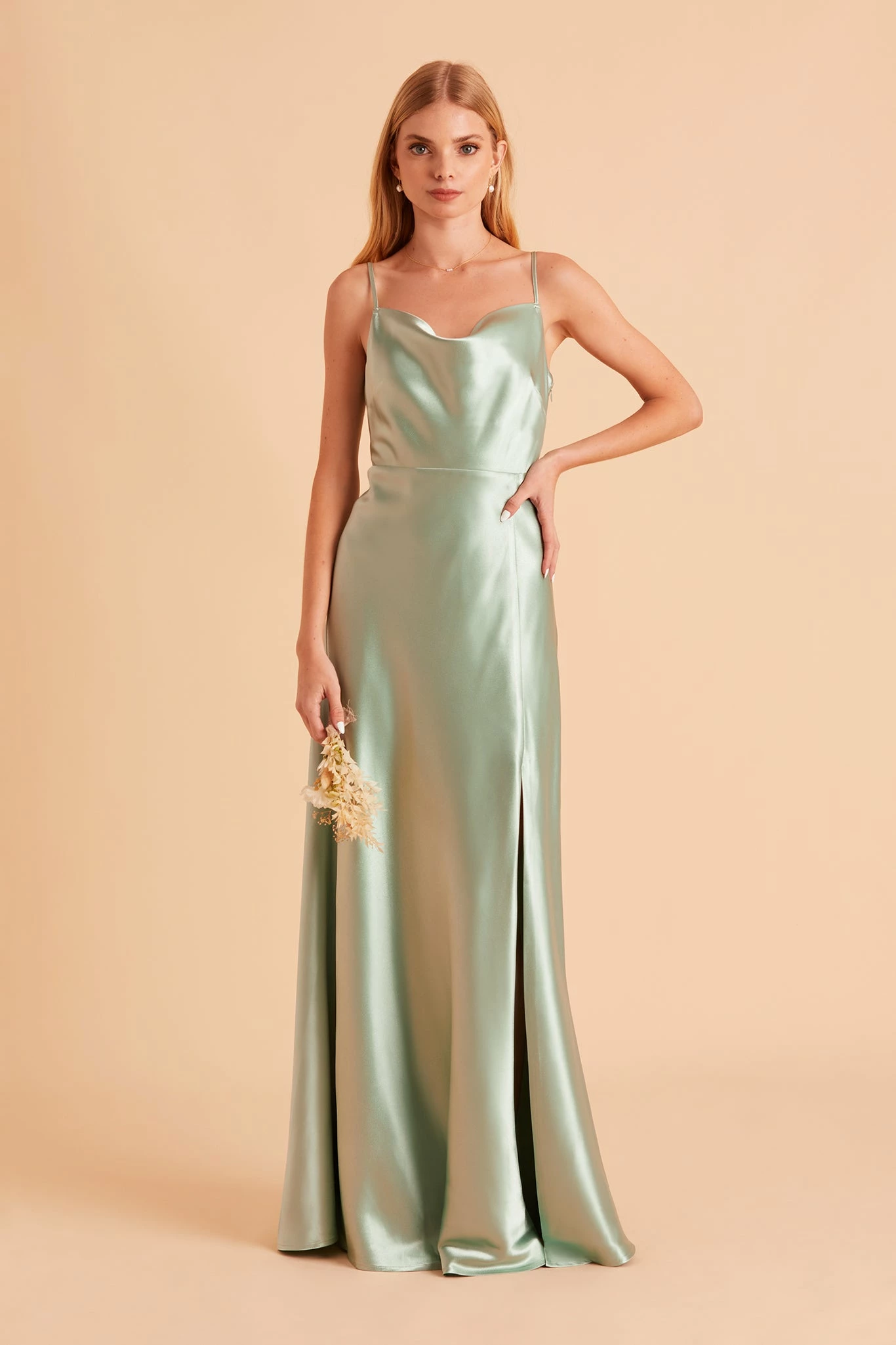 Lisa Long Shiny Satin Dress - Sage 5 Lisa Long Shiny Satin Dress - Sage - Image 5