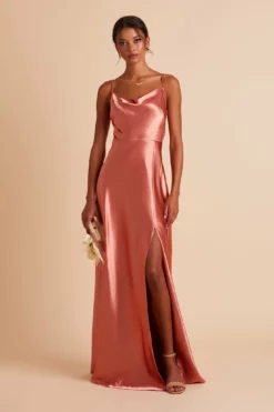 Lisa Long Shiny Satin Dress - Terracotta -US Skirt Sales 2024 BIRDY GREY LISA SLIT BRIDESMAID DRESS TERRACOTTA 01