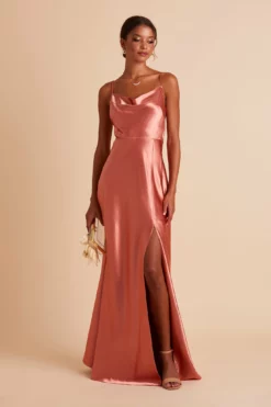 Lisa Long Shiny Satin Dress - Terracotta -US Skirt Sales 2024 BIRDY GREY LISA SLIT BRIDESMAID DRESS TERRACOTTA 02