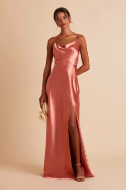 Lisa Long Shiny Satin Dress - Terracotta -US Skirt Sales 2024 BIRDY GREY LISA SLIT BRIDESMAID DRESS TERRACOTTA 03