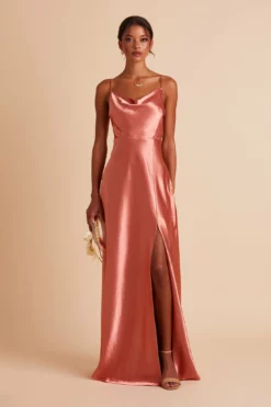 Lisa Long Shiny Satin Dress - Terracotta -US Skirt Sales 2024 BIRDY GREY LISA SLIT BRIDESMAID DRESS TERRACOTTA 04