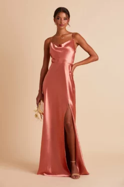 Lisa Long Shiny Satin Dress - Terracotta -US Skirt Sales 2024 BIRDY GREY LISA SLIT BRIDESMAID DRESS TERRACOTTA 05