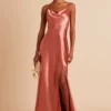 Lisa Long Shiny Satin Dress - Terracotta