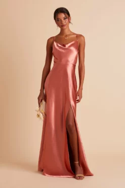 Lisa Long Shiny Satin Dress - Terracotta