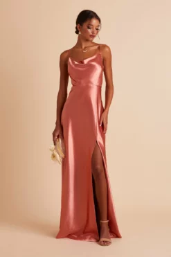 Lisa Long Shiny Satin Dress - Terracotta -US Skirt Sales 2024 BIRDY GREY LISA SLIT BRIDESMAID DRESS TERRACOTTA 07
