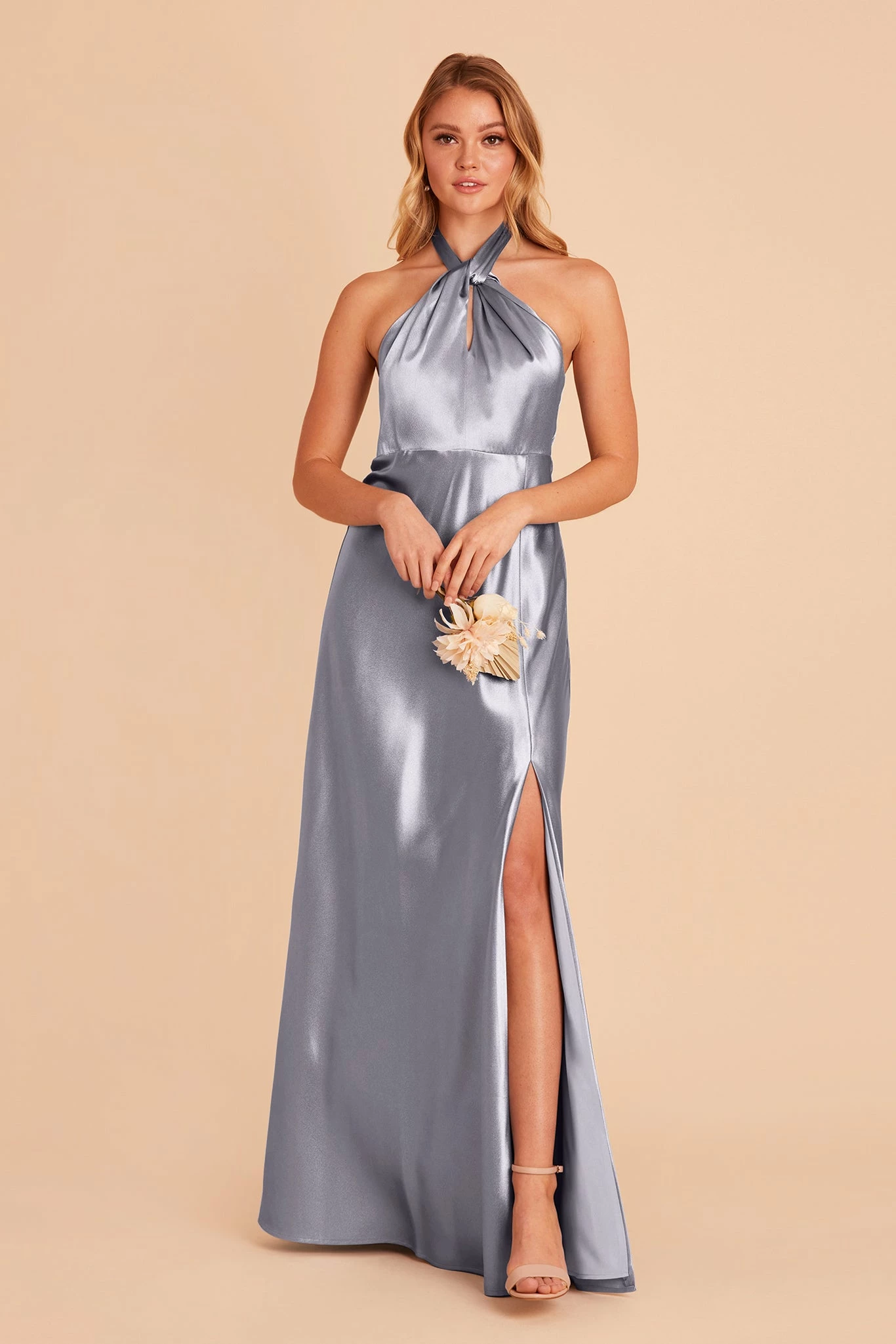 Monica Shiny Satin Dress - Dusty Blue 1 Monica Shiny Satin Dress - Dusty Blue