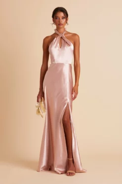 Monica Shiny Satin Dress - Rose Gold 22 Monica Shiny Satin Dress - Rose Gold -US Skirt Sales 2024 BIRDY GREY MONICA SLIT BRIDESMAID DRESS ROSE GOLD 01