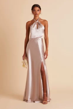 Monica Shiny Satin Dress - Taupe 18 Monica Shiny Satin Dress - Taupe -US Skirt Sales 2024 BIRDY GREY MONICA SLIT BRIDESMAID DRESS TAUPE 01