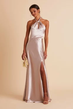 Monica Shiny Satin Dress - Taupe