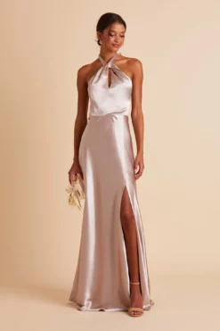Monica Shiny Satin Dress - Taupe 16 Monica Shiny Satin Dress - Taupe -US Skirt Sales 2024 BIRDY GREY MONICA SLIT BRIDESMAID DRESS TAUPE 04