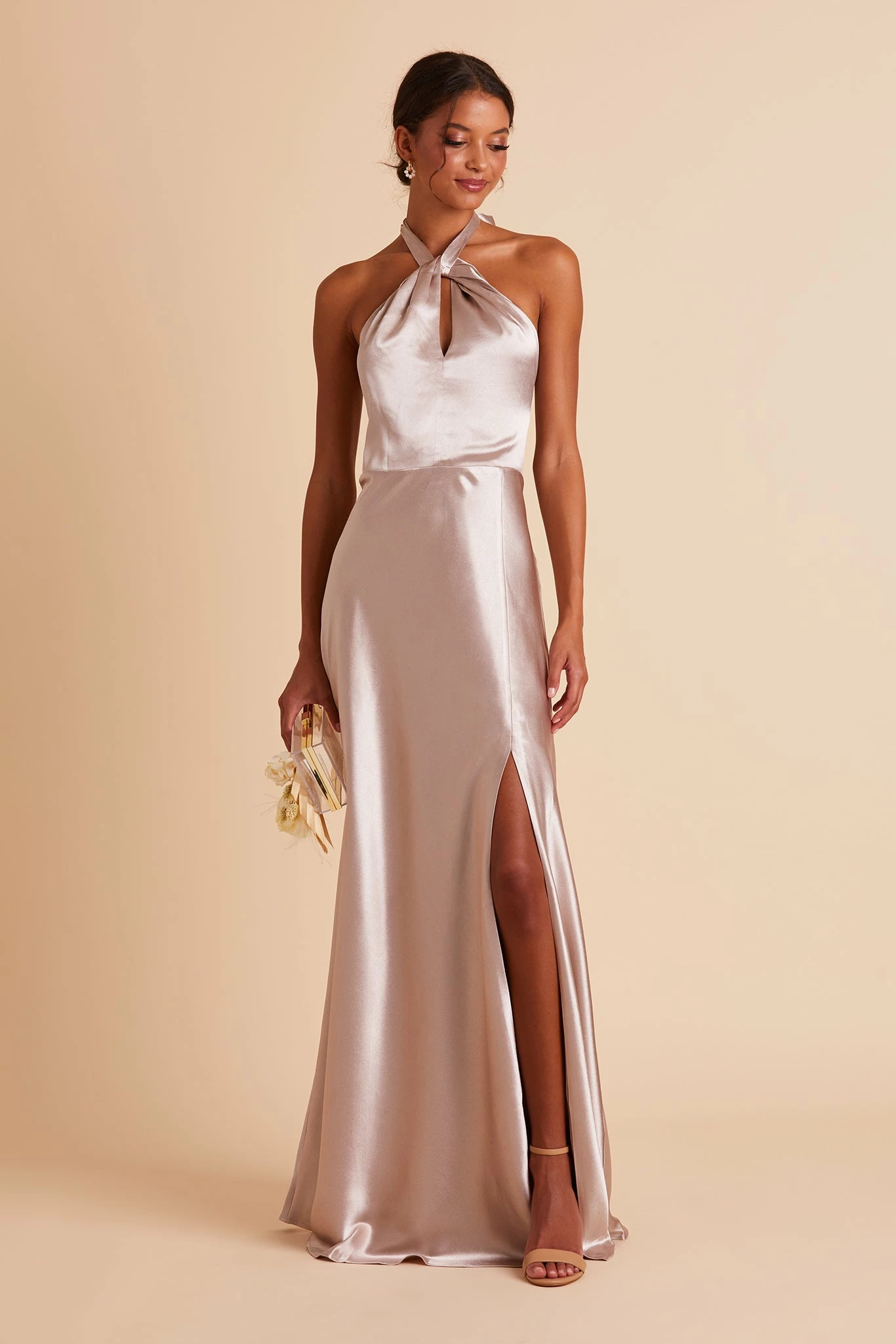 Monica Shiny Satin Dress - Taupe 5 Monica Shiny Satin Dress - Taupe - Image 5