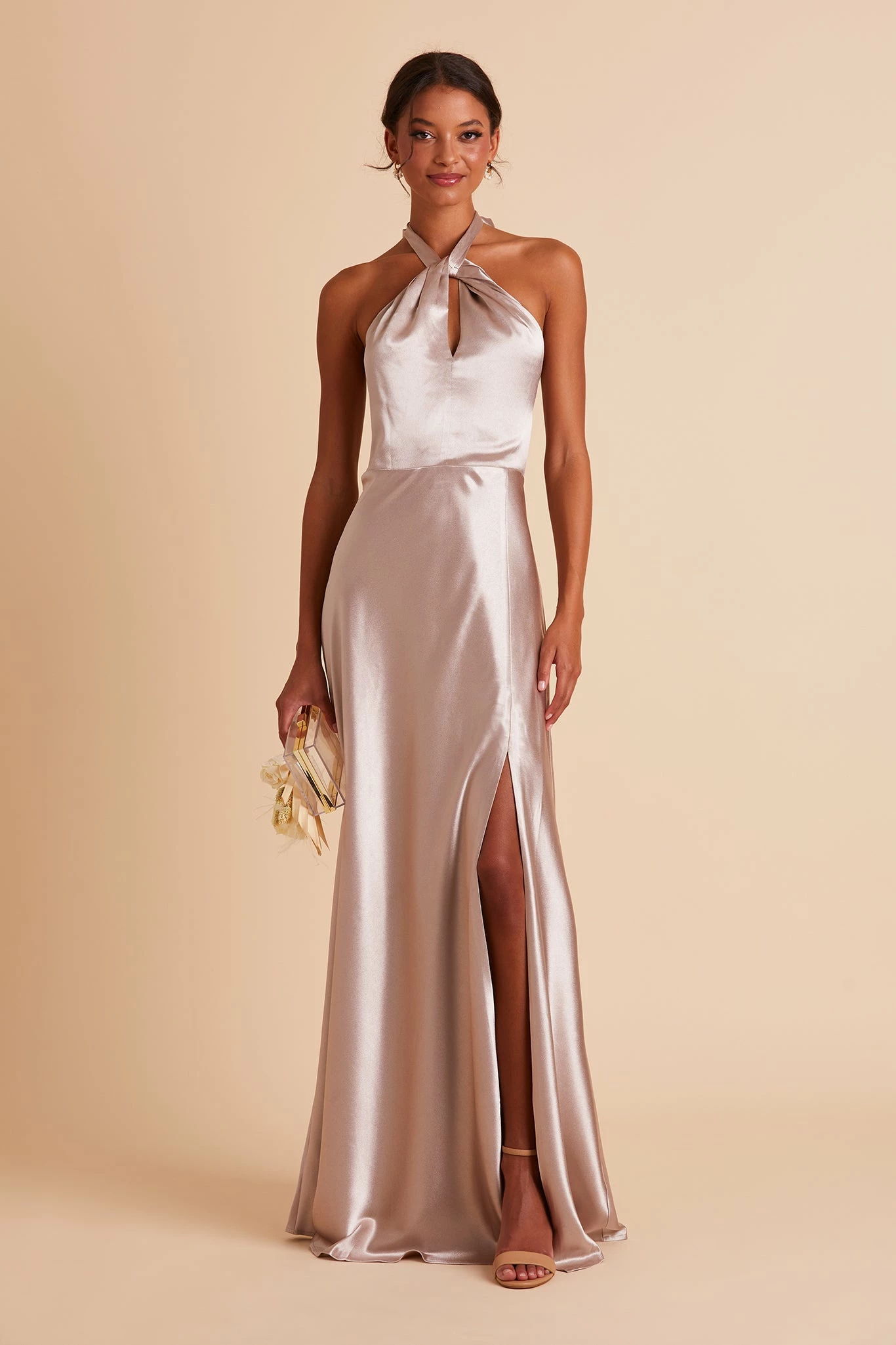 Monica Shiny Satin Dress - Taupe 4 Monica Shiny Satin Dress - Taupe - Image 4