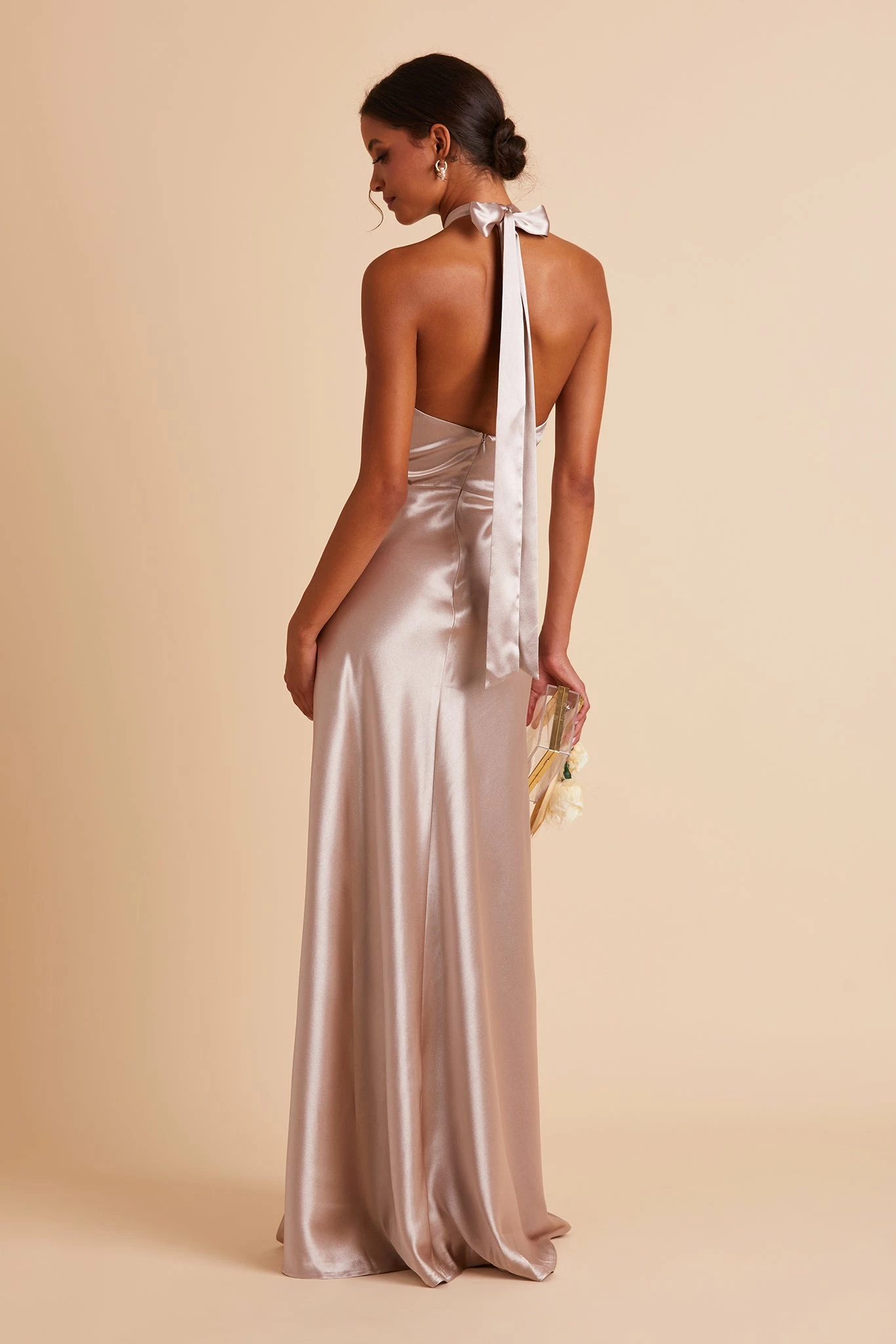 Monica Shiny Satin Dress - Taupe 3 Monica Shiny Satin Dress - Taupe - Image 3