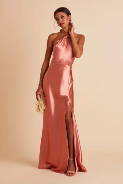 Monica Shiny Satin Dress - Terracotta -US Skirt Sales 2024 BIRDY GREY MONICA SLIT BRIDESMAID DRESS TERRACOTTA 01