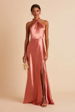 Monica Shiny Satin Dress - Terracotta -US Skirt Sales 2024 BIRDY GREY MONICA SLIT BRIDESMAID DRESS TERRACOTTA 02