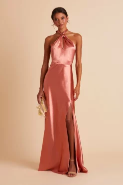 Monica Shiny Satin Dress - Terracotta