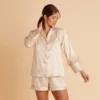 Short Satin Feathered Pajama Set - Champagne