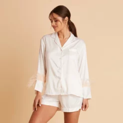 Short Satin Feathered Pajama Set - White -US Skirt Sales 2024 BIRDY GREY SHORT FEATHERED PAJAMAS WHITE 03