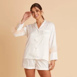 Short Satin Feathered Pajama Set - White -US Skirt Sales 2024 BIRDY GREY SHORT FEATHERED PAJAMAS WHITE 04