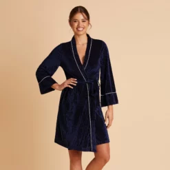 Velvet Ribbed Robe - Navy