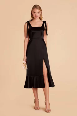 Eugenia Shiny Satin Convertible Midi Dress - Black -US Skirt Sales 2024 black eugenia convertible satin bridesmaid dress 01