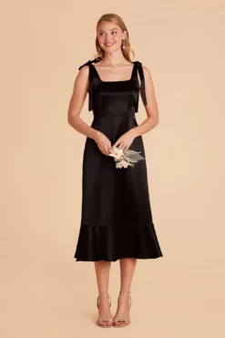 Eugenia Shiny Satin Convertible Midi Dress - Black