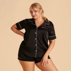 Jonny Satin Pajama Set - Black -US Skirt Sales 2024 black jonny plus size satin short sleeve top bridesmaid pajamas 01 1