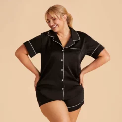 Jonny Satin Pajama Set - Black -US Skirt Sales 2024 black jonny plus size satin short sleeve top bridesmaid pajamas 02 1