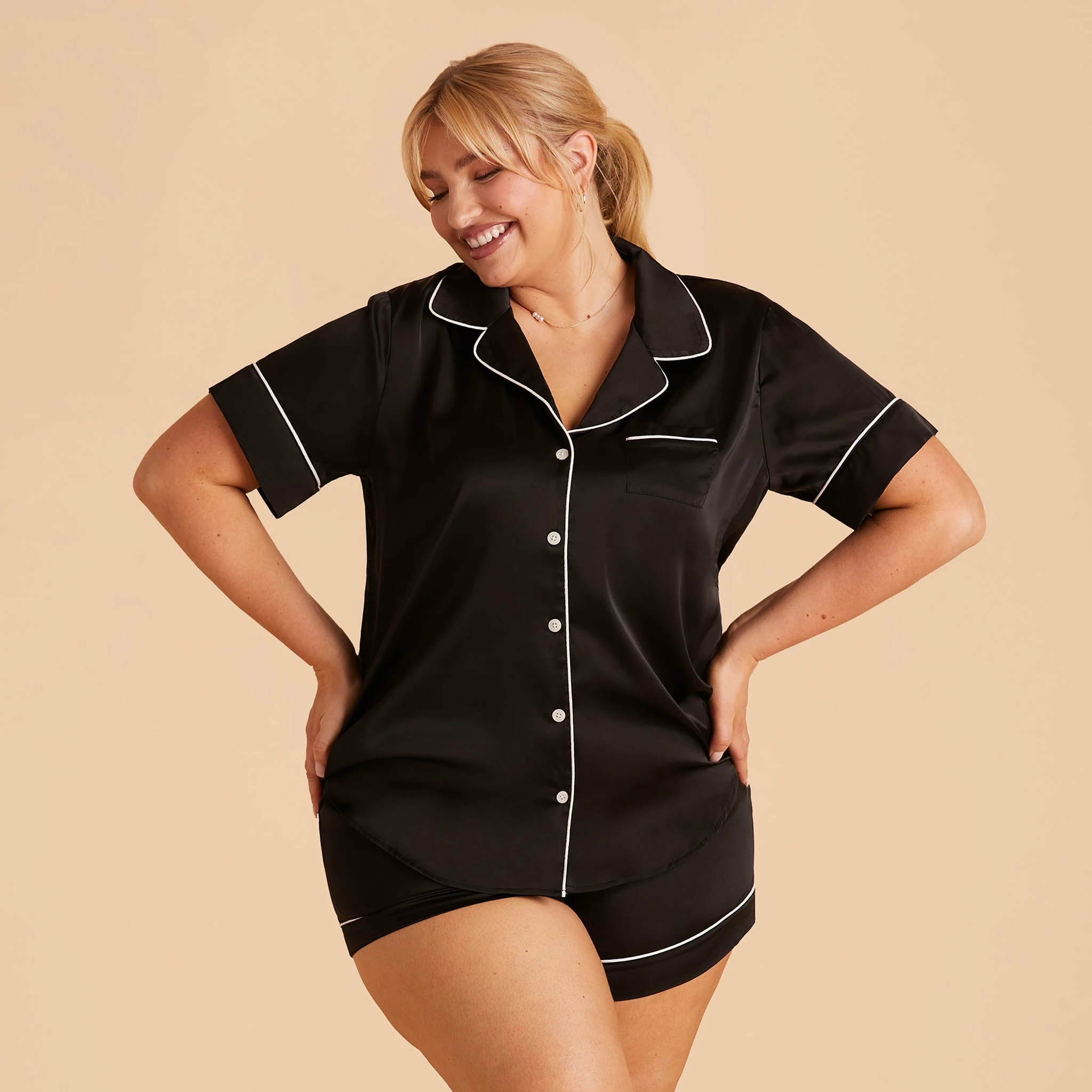 Jonny Satin Short Sleeve Pajama Top - Black 14 Jonny Satin Short Sleeve Pajama Top - Black - Image 14