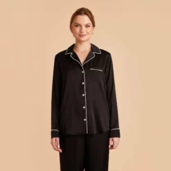 Jonny Satin Long Sleeve Pajama Top - Black -US Skirt Sales 2024 black jonny satin long sleeve top bridesmaid pajamas 01 1